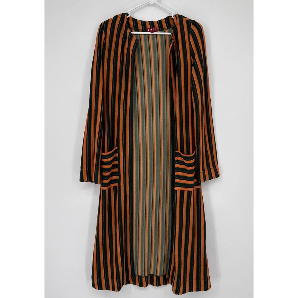STAUD Open Front Ribbed Knit Longline Cardigan Small Railroad Stripe Boho Chic
